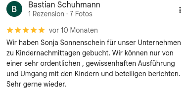 Sternbewertung mit fünf Sternen und Text einer positiven Kundenrezension zu Kinderbetreuung durch Sonja Sonnenschein