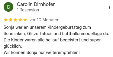 Fünf-Sterne-Bewertung mit Text von Carolin Dirnhofer über Kindergeburtstag mit Schminken, Glitzertattoos und Luftballonmodellage